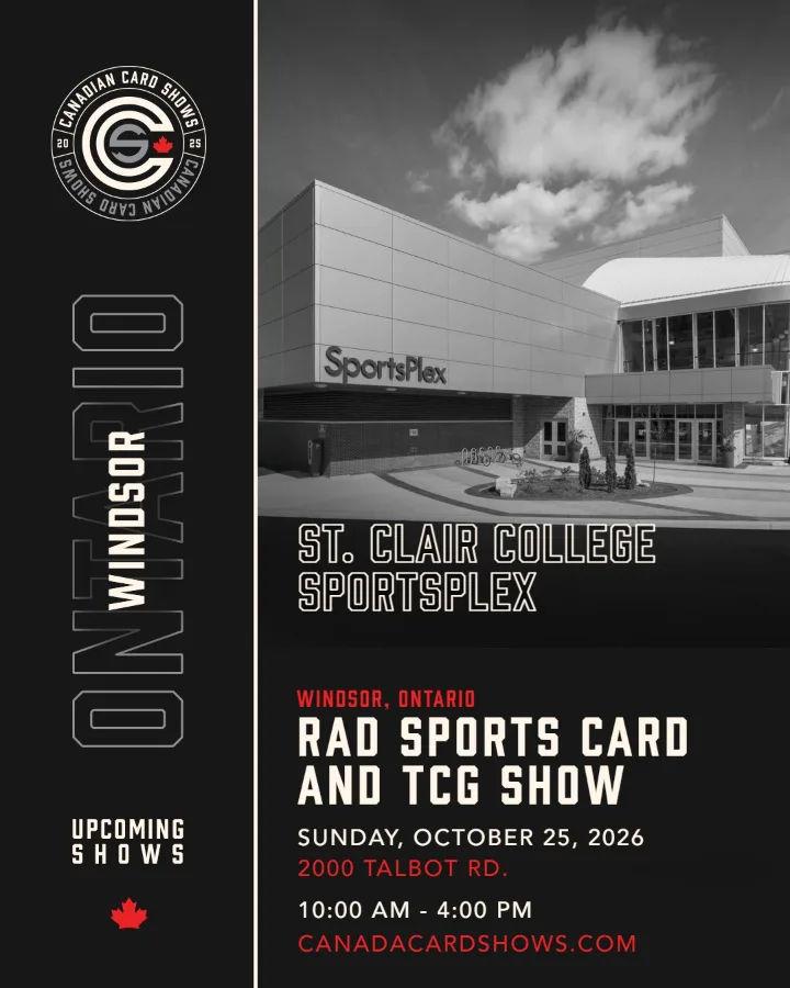Rad Sports Card And TCG Show poster: Sunday, October 25, 2026, 10:00 AM – 4:00 PM, St. Clair College SportsPlex