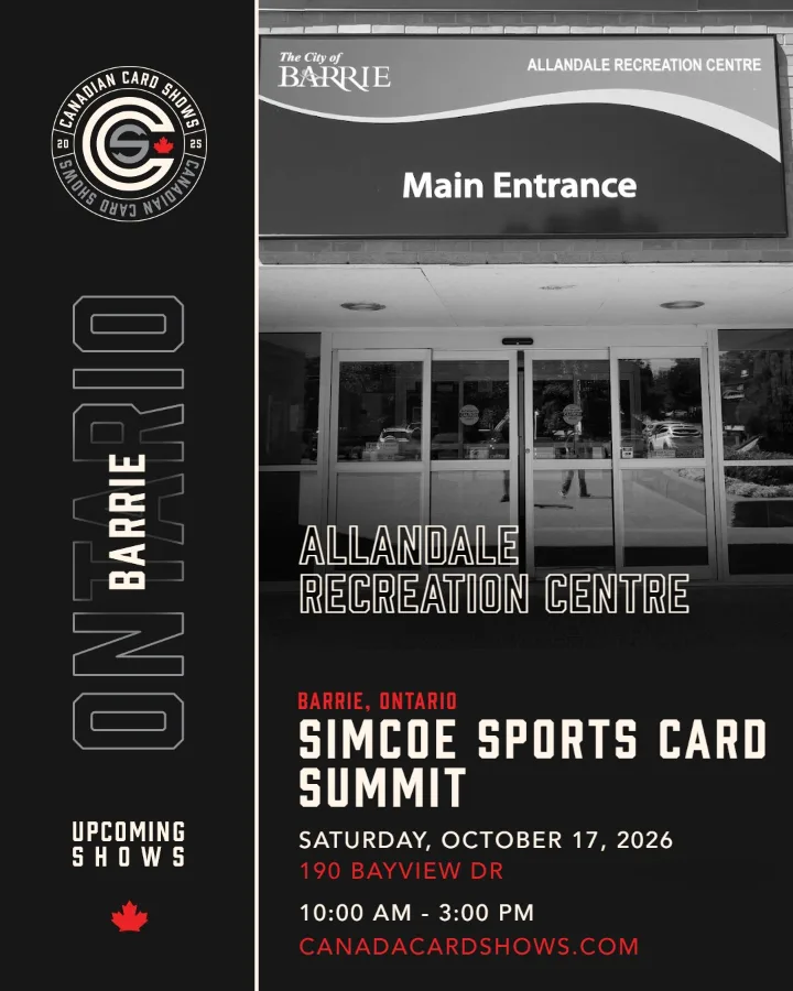 Simcoe Sports Card Summit poster: Saturday, October 17, 2026, 10:00 AM – 3:00 PM, Allandale Recreation Centre