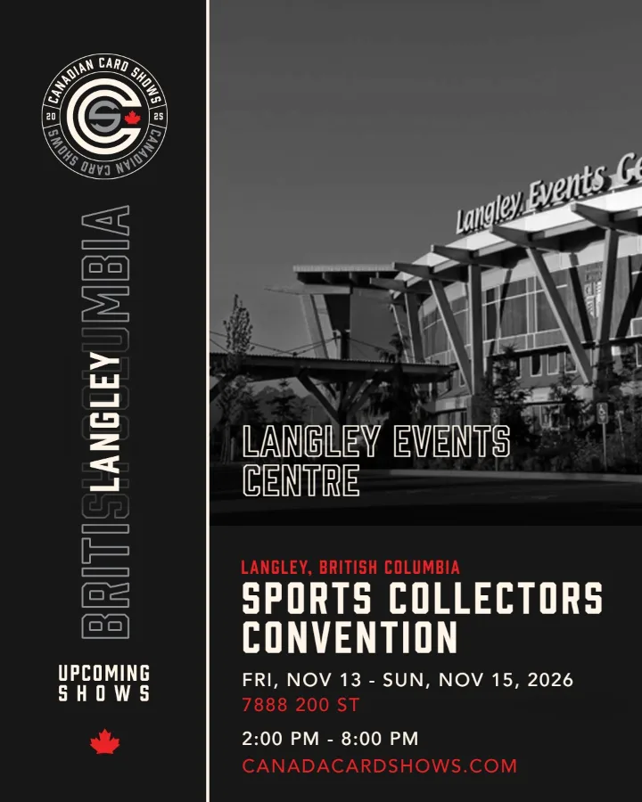 Sports Collectors Convention poster: Friday November 13 – Sunday 15, 2026, 2:00 PM – 8:00 PM, Langley Events Centre