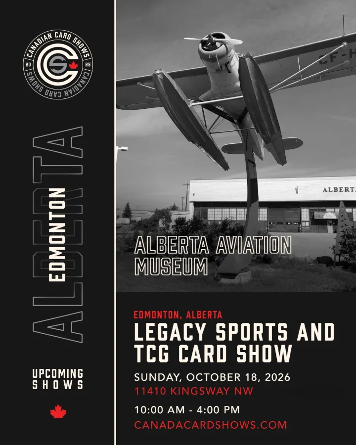 Legacy Sports and TCG Card Show poster: Sunday, October 18, 2026, 10:00 AM – 4:00 PM, Alberta Aviation Museum